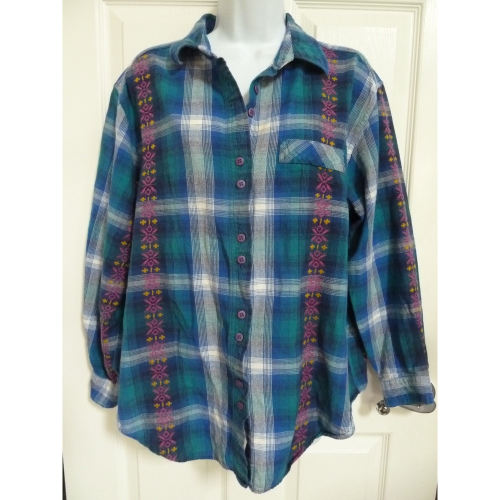 Backroad Blues Sz 18W Plaid Country Western Cowgirl Blouse Button Up Blue Green